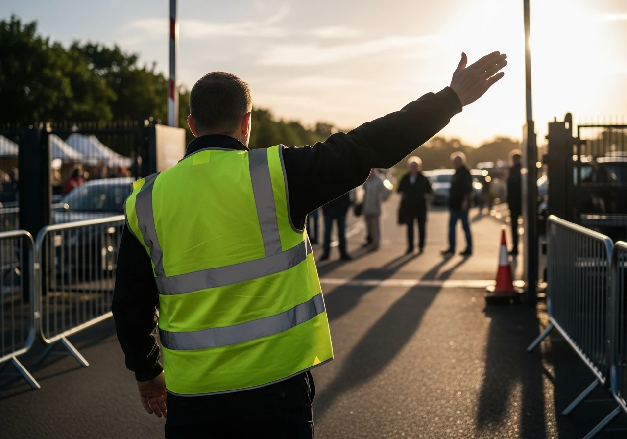 Verkeersregelaar begeleidt bezoekers en verkeer bij de ingang van een evenement