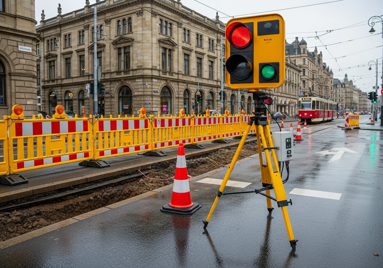 Tijdelijke verkeerslichten en afzettingen bij werkzaamheden op een kruispunt