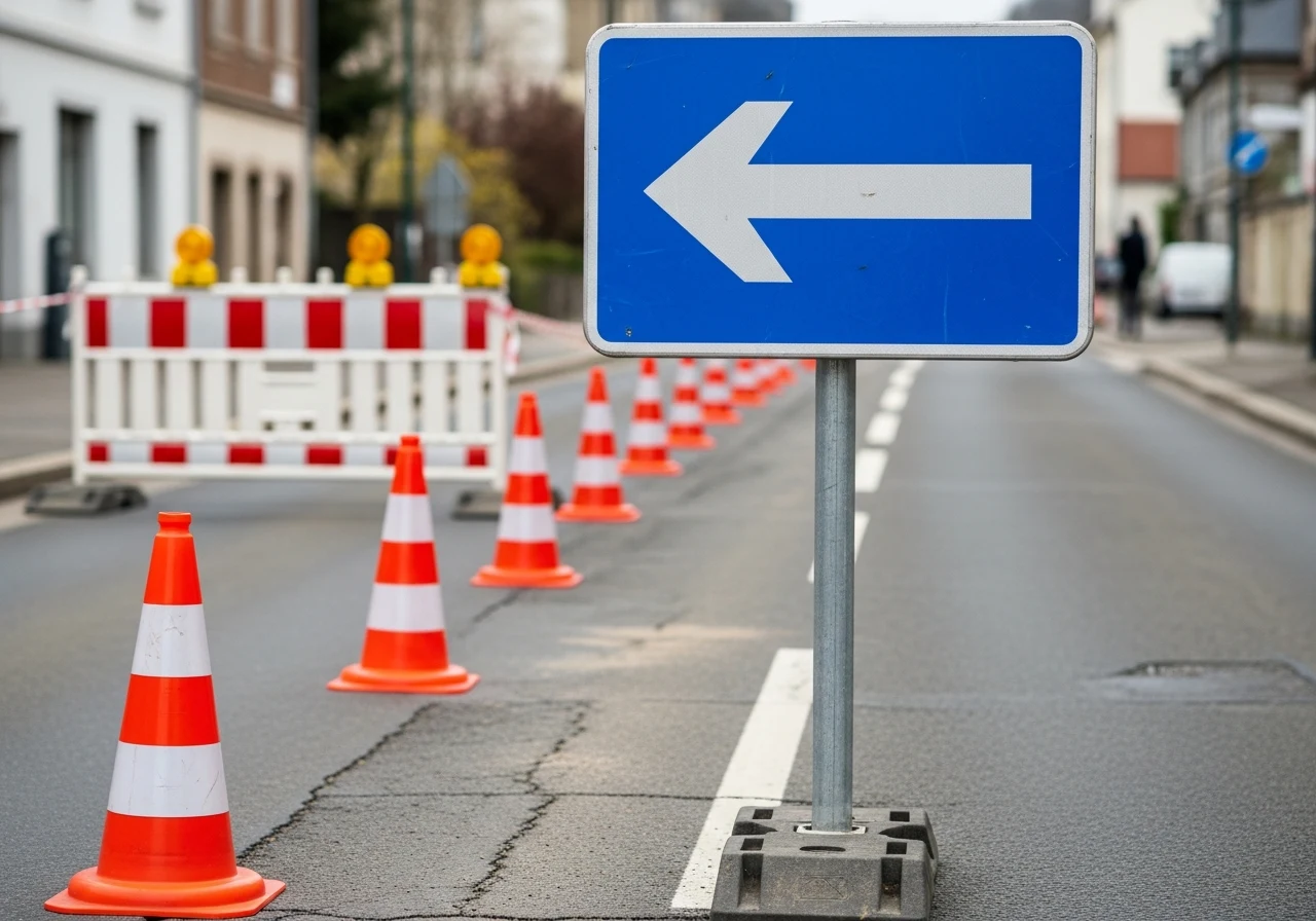 Blauw omleidingsbord met pijl naast pylonen en afzetting bij wegwerkzaamheden