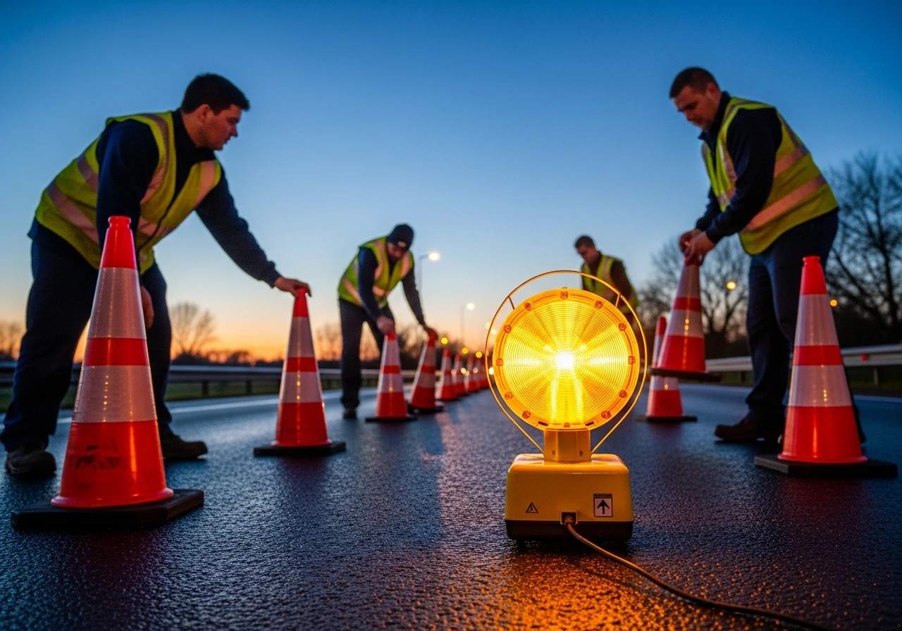 Wegwerkers plaatsen pylonen en een waarschuwingslamp tijdens een spoedinzet in de schemering