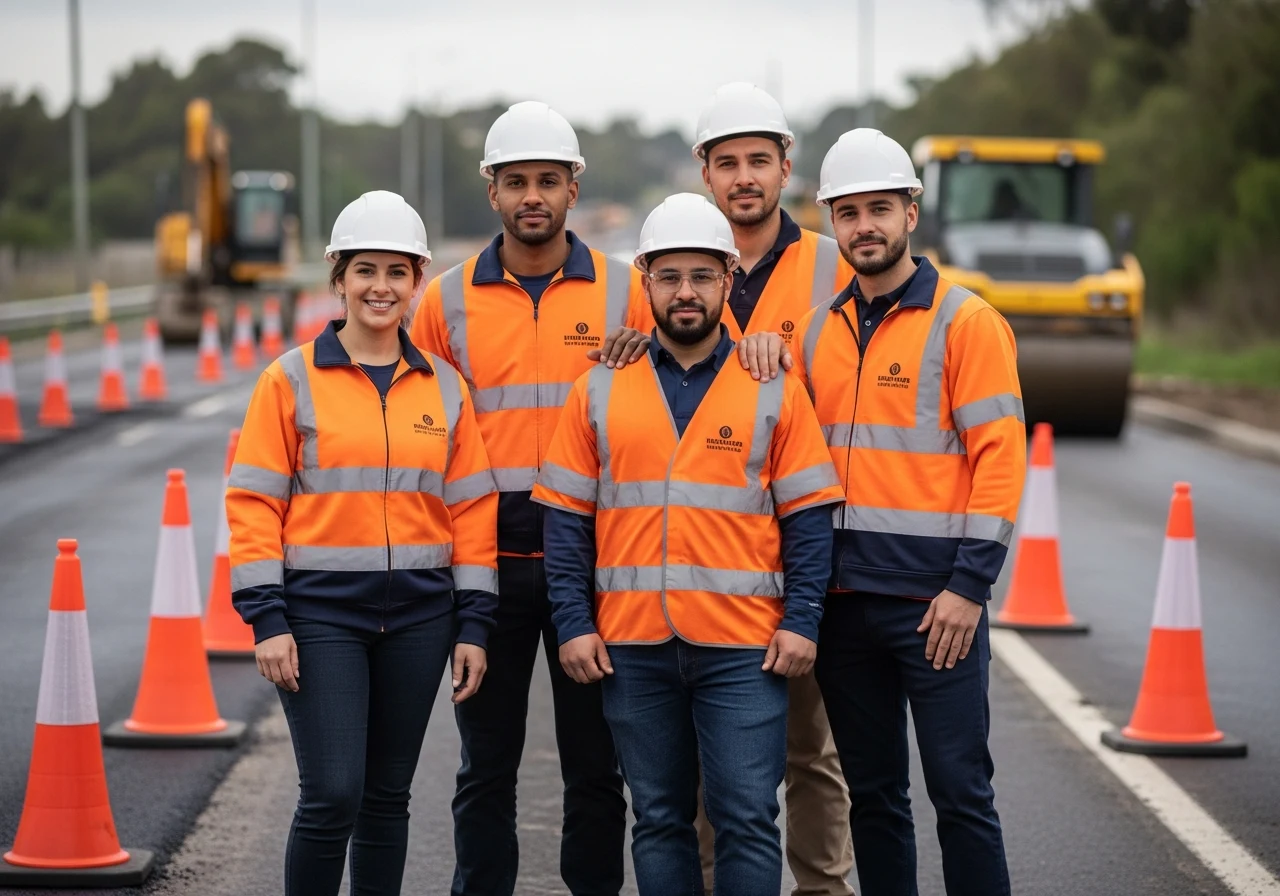 Team verkeersregelaars in oranje veiligheidshesjes en helmen op locatie
