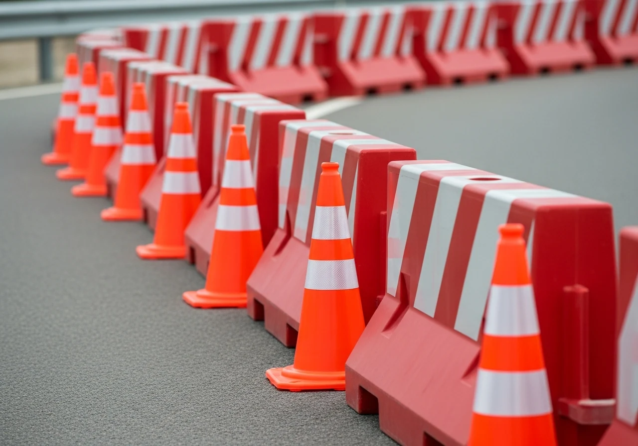 Rij oranje pylonen en rood-witte afzettingen langs de weg voor de verkeersveiligheid