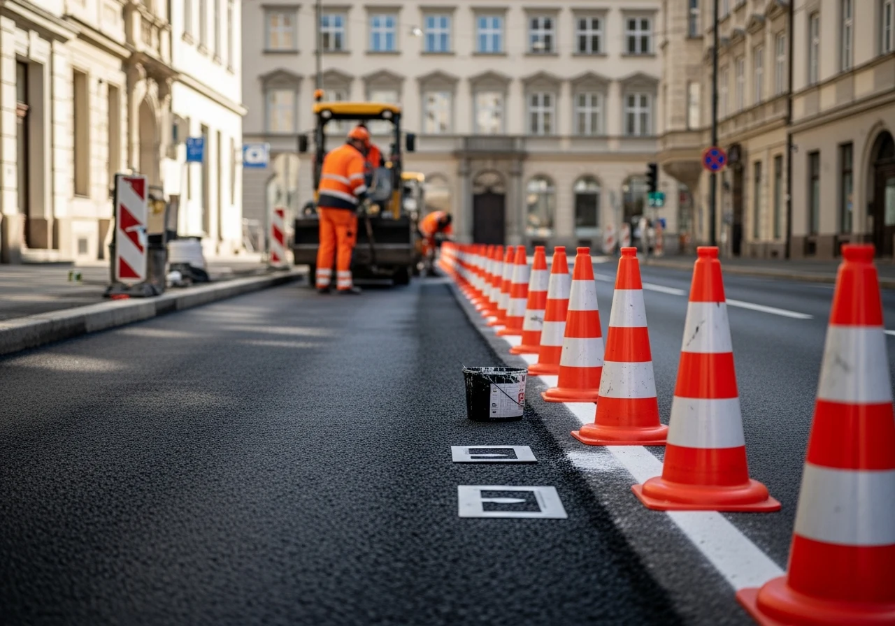 Wegwerkzaamheden op straat met pylonen en een afzetting van de rijbaan